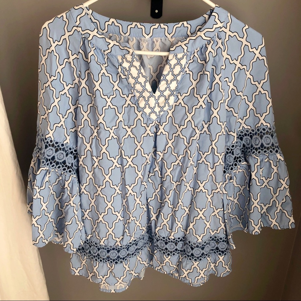 Blue and White Moroccan Print Peasant Top